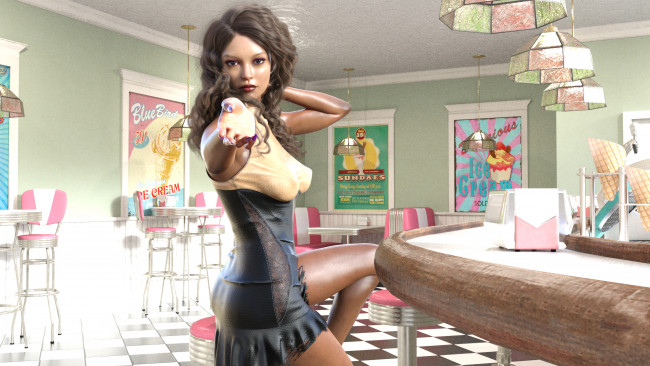 Обои картинки фото 3д графика, люди , people, девушка, фон, взгляд, платье, бар