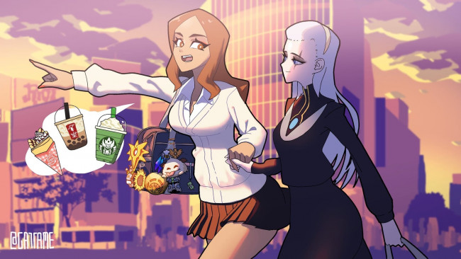 Обои картинки фото видео игры, league of legends, leona, diana, город, сумка, фастфуд