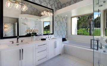 обоя интерьер, ванная и туалетная комнаты, ванна, букет, лампы