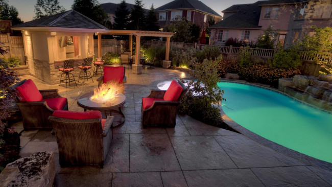 Обои картинки фото интерьер, бассейны,  открытые площадки, бассейн, терраса, огонь