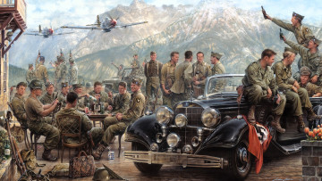 Картинка рисованное армия солдаты отдых самолеты машина бутылки the+eagles+nest oрлиное+гнездо by+john+d+shaw войска+союзников сша трофейный mercedes