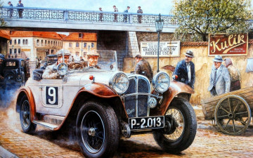 Картинка рисованное авто мото машина люди город мост ретро