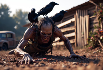 Картинка 3д+графика ужас+ horror зомби вороны нейросеть