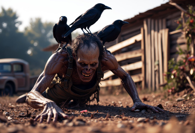 Обои картинки фото 3д графика, ужас , horror, зомби, вороны, нейросеть