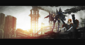 Картинка аниме weapon blood technology стройка девушки оружие рассвет