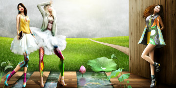 Картинка 3д графика people люди дождь дорога поле лотос девушки