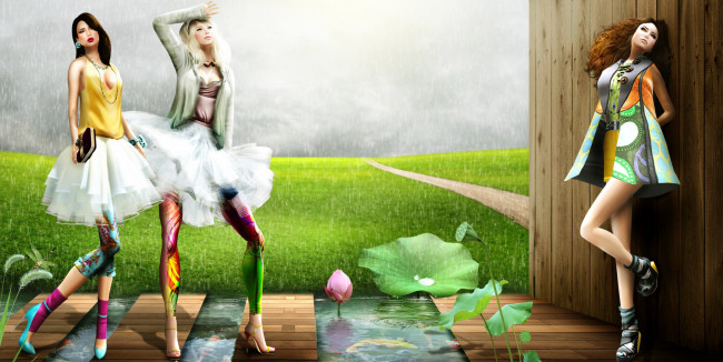 Обои картинки фото 3д, графика, people, люди, дождь, дорога, поле, лотос, девушки