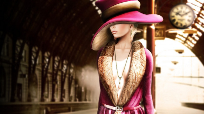 Обои картинки фото 3д, графика, people, люди, девушка, шляпа, декольте, вокзал
