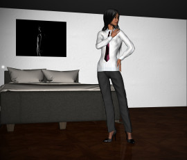 Картинка 3д+графика people+ люди кровать комната галстук взгляд девушка подушки