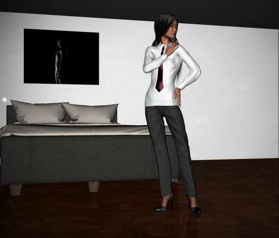 Обои картинки фото 3д графика, people , люди, кровать, комната, галстук, взгляд, девушка, подушки