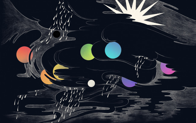 Обои картинки фото рисованные, минимализм, солнце, луна, круг, цвет, дождь, туча, облака