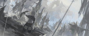 Картинка аниме pixiv+fantasia девушка руины mivit арт город птица серость pixiv fantasia