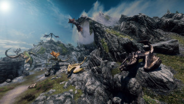 Картинка the+elder+scrolls+v +skyrim видео+игры горы драконы