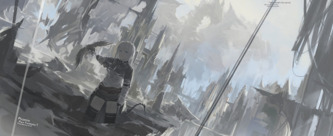 Обои картинки фото аниме, pixiv fantasia, девушка, руины, mivit, арт, город, птица, серость, pixiv, fantasia