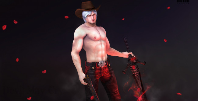 Обои картинки фото видео игры, devil may cry, мужчина, данте, шляпа, меч, лепестки