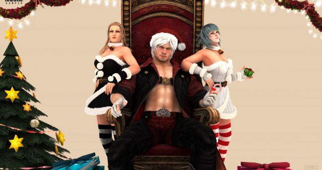 Обои картинки фото видео игры, devil may cry, мужчина, данте, девушки, новогодний