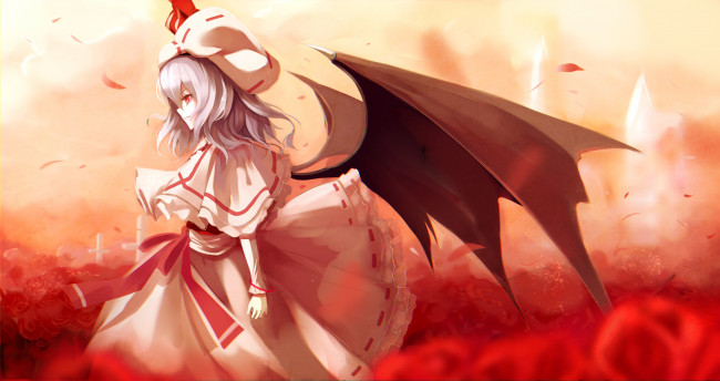 Обои картинки фото аниме, touhou, remilia, scarlet, fami, yellow, skies, крылья, девушка, арт, демон