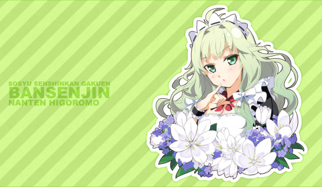 Обои картинки фото аниме, sousyu sensinkan-gakuen hachimyoujin, sousyu, sensinkan-gakuen, bansenjin, зелёный, полоски, фон, higoromo, nanten, g-yuusuke, портрет, девушка, цветы