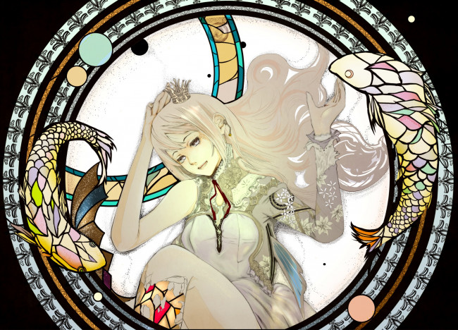 Обои картинки фото аниме, vocaloid, megurine, luka, девушка, арт, plantroom9, nine, круг, рыбы