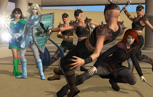 Обои картинки фото 3д графика, фантазия , fantasy, взгляд, эльфийки, драка, фон