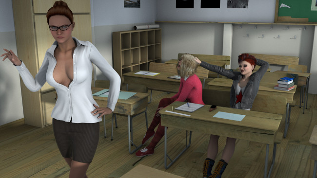 Обои картинки фото classroom disruption, 3д графика, фантазия , fantasy, взгляд, девушки, фон