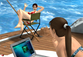 обоя 3д графика, люди , people, взгляд, девушка, яхта, фон