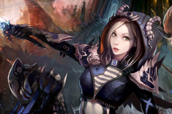 Картинка фэнтези девушки digital art fantasy face girl dagger weapon horns magician hood artwork green eyes