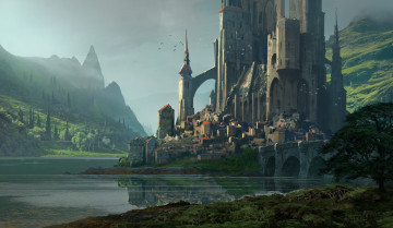 Картинка фэнтези замки kvasir fortress raphael lacoste горы водоём замок поселение