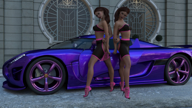 Обои картинки фото 3д графика, люди-авто, мото , people- car ,  moto, автомобиль, фон, девушки, взгляд