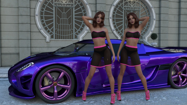 Обои картинки фото 3д графика, люди-авто, мото , people- car ,  moto, автомобиль, фон, взгляд, девушки