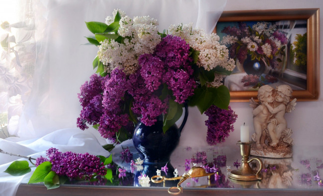 Обои картинки фото цветы, сирень, свеча, букет