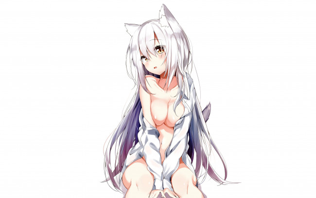 Обои картинки фото аниме, животные,  существа, фон, взгляд, девушка