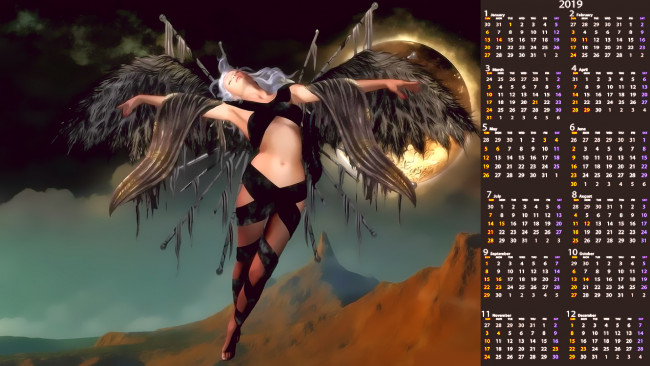 Обои картинки фото календари, 3д-графика, планета, крылья, девушка