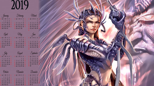 Обои картинки фото календари, фэнтези, лицо, оружие, девушка