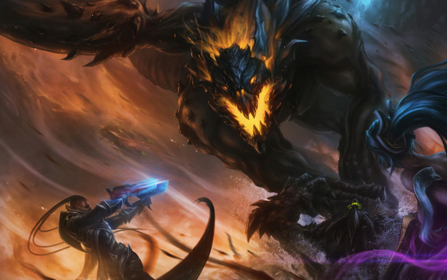 Обои картинки фото видео игры, league of legends, люди, монстр, оружие, бой