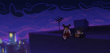 обоя видео игры, katana zero, дети, крыша, город