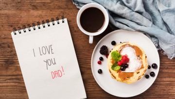 Картинка праздничные день+отца оладьи кофе блокнот надпись признание