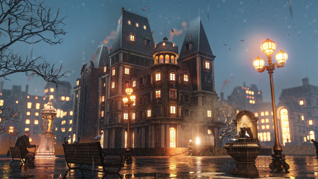 Обои картинки фото фэнтези, иные миры,  иные времена, улица, дождь, скамья, повозка, мужчина, сидит, на, скамье, под, дождем, здание, плохая, погода, голуби