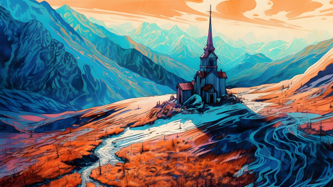 Обои картинки фото рисованное, города, церковь