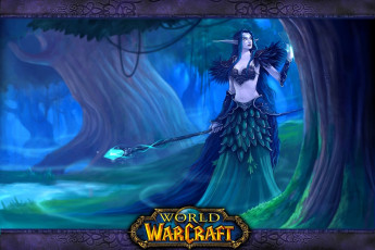обоя видео игры, world of warcraft, эльфийка, посох, лес