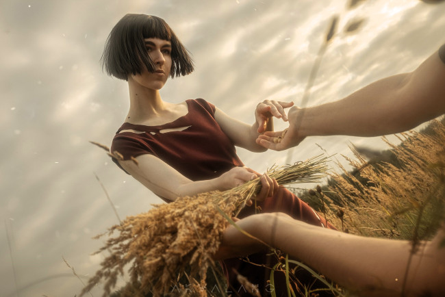 Обои картинки фото девушки, - брюнетки,  шатенки, брюнетка, букет, поле, платье, руки