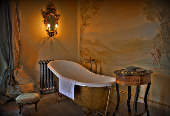 Обои картинки фото интерьер, ванная, туалетная, комнаты, ванна, роспись, пуф, зеркало