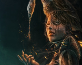 Картинка фэнтези маги +волшебники вуаль девушка колдунья убор головной гусь