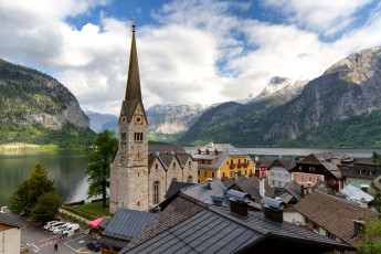 Картинка города гальштат+ австрия башня горы панорама