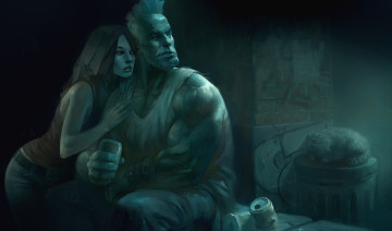 Картинка фэнтези люди кот мужик девушка