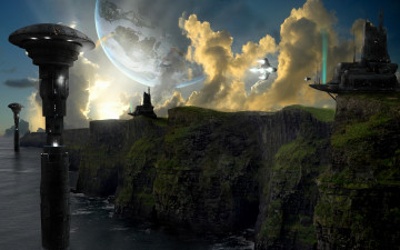 Картинка фэнтези фотоарт море обрыв берег будущее башни сооружения