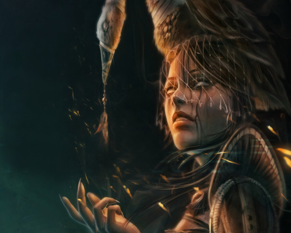 Обои картинки фото фэнтези, маги,  волшебники, вуаль, девушка, колдунья, убор, головной, гусь