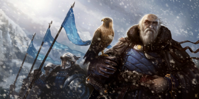 Обои картинки фото фэнтези, люди, сокол, рыцари, вождь, воин, старик, войско, рать