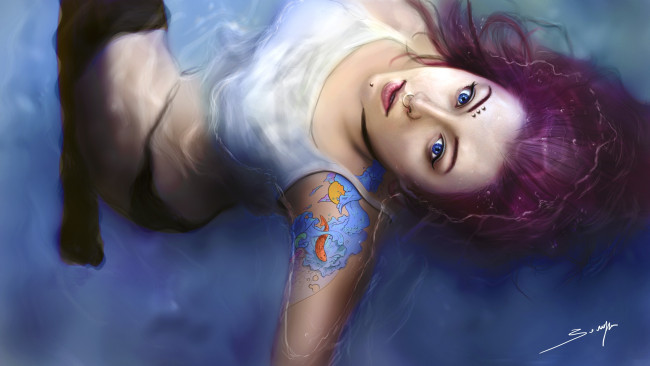 Обои картинки фото фэнтези, девушки, девушка, тату, вода