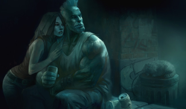 Обои картинки фото фэнтези, люди, кот, мужик, девушка